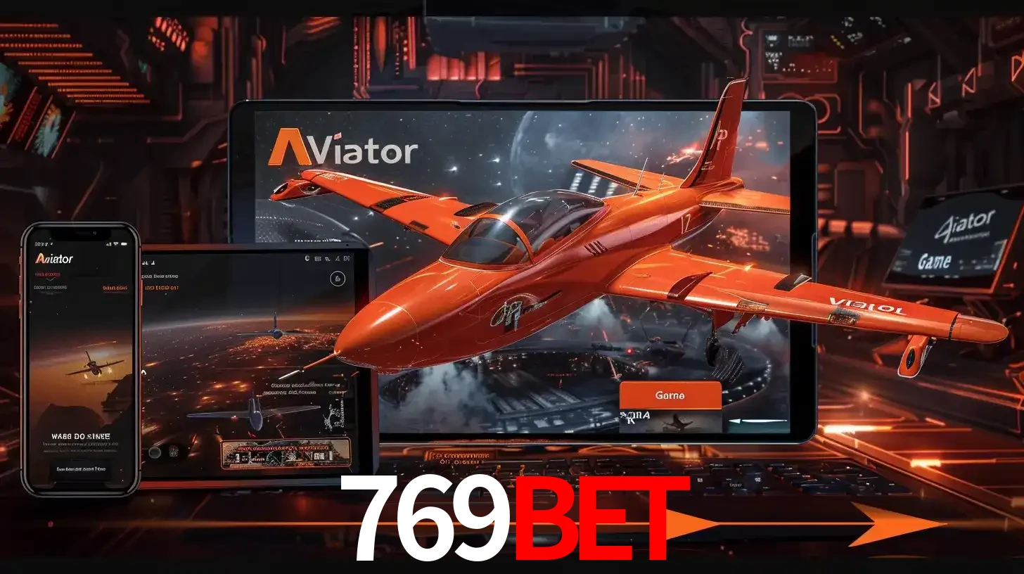 Apresentação tecnológica do jogo Aviator com um avião saindo da tela de um tablet, demonstrando a experiência imersiva em múltiplos dispositivos no 769bet.