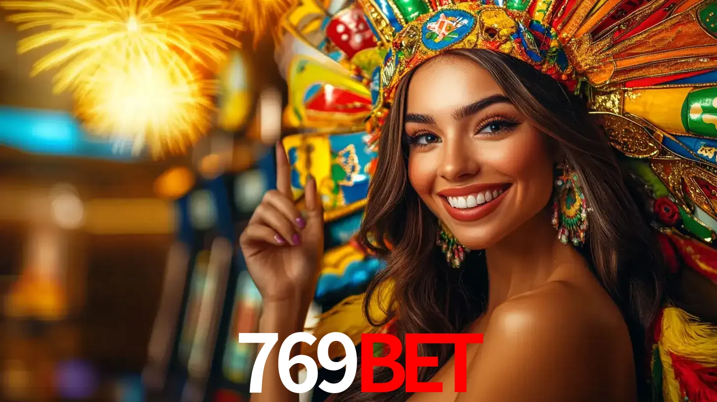 Mulher sorridente com um cocar de carnaval vibrante e colorido, celebrando uma grande vitória nos jogos do cassino 769bet com fogos de artifício ao fundo.