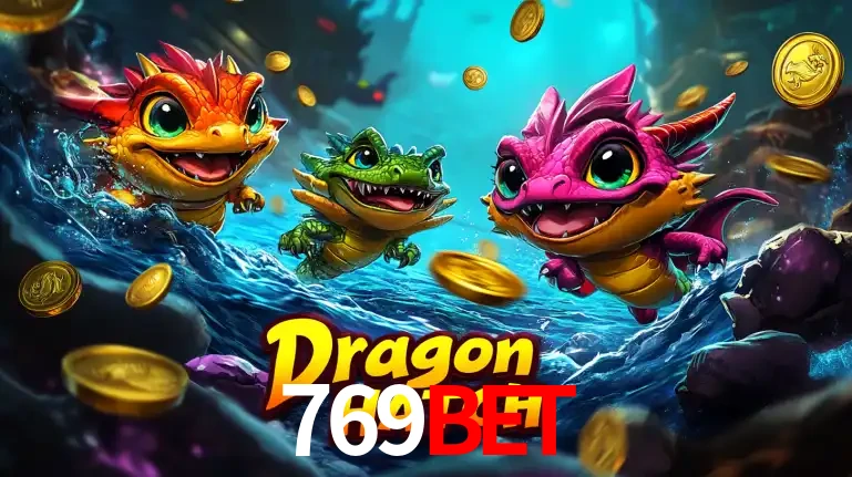 Arte promocional do jogo Dragon Hatch com três adoráveis dragões bebês nadando entre moedas de ouro, um dos slots mais divertidos para jogar no cassino 769bet.