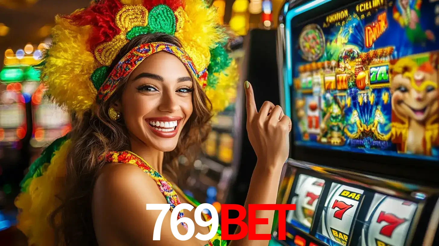 Mulher animada com um cocar de carnaval apontando para uma máquina de caça-níqueis, mostrando a emoção de ganhar um grande prêmio nos jogos do 769bet.