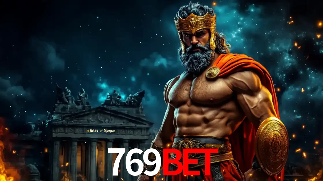 O poderoso Zeus do jogo de slot Gates of Olympus em frente ao seu templo, pronto para lançar multiplicadores divinos e prêmios épicos no cassino online 769bet.