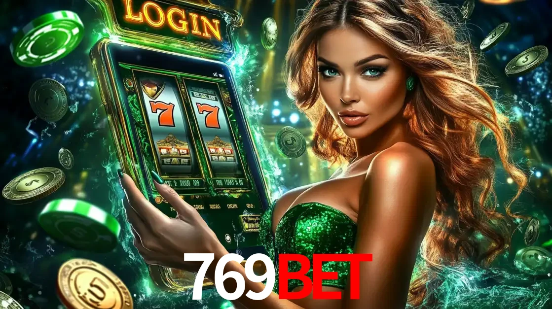 Mulher com tema verde apresentando o aplicativo do cassino 769bet com um jogo de slot de 777, cercada por fichas de cassino e uma aura de sorte.