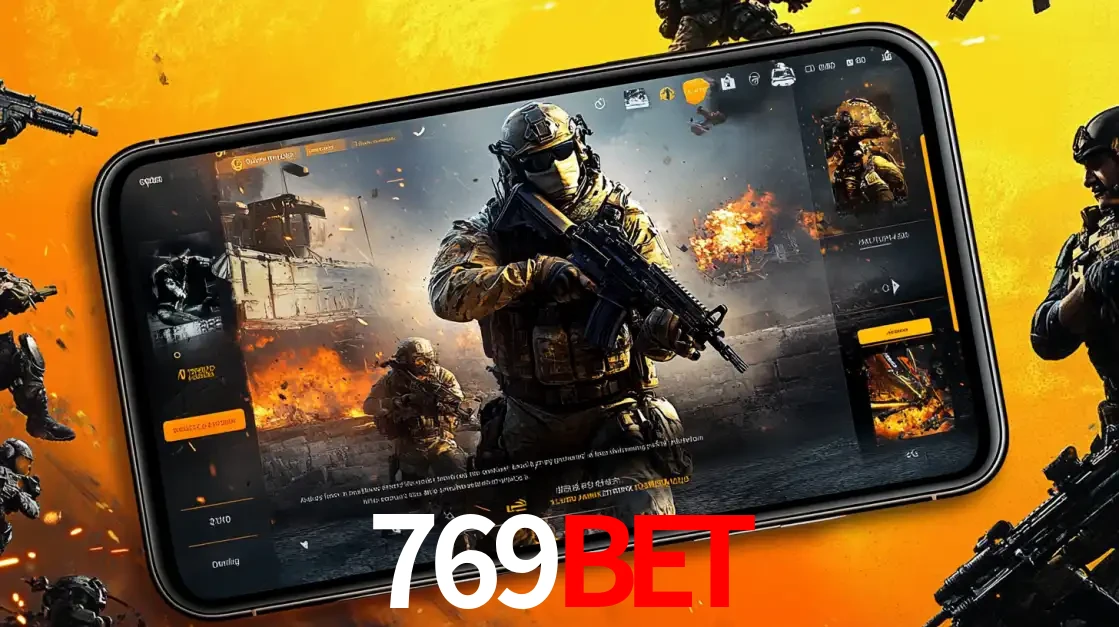 Um smartphone exibindo a interface de um jogo de tiro em primeira pessoa, com um soldado em um cenário de batalha, representando a ação dos e-sports para apostar no 769bet.