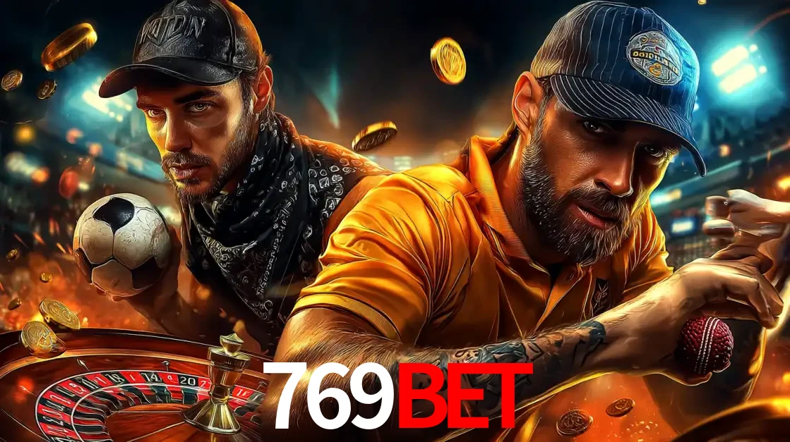 Montagem de apostas esportivas e cassino no 769bet, com um homem segurando uma bola de futebol e outro uma de beisebol sobre uma roleta e moedas voadoras.