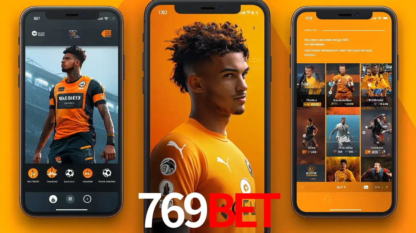 Interface do aplicativo de apostas esportivas 769bet em três telas de celular, mostrando o perfil de um jogador de futebol e a lista de jogos disponíveis para apostar.