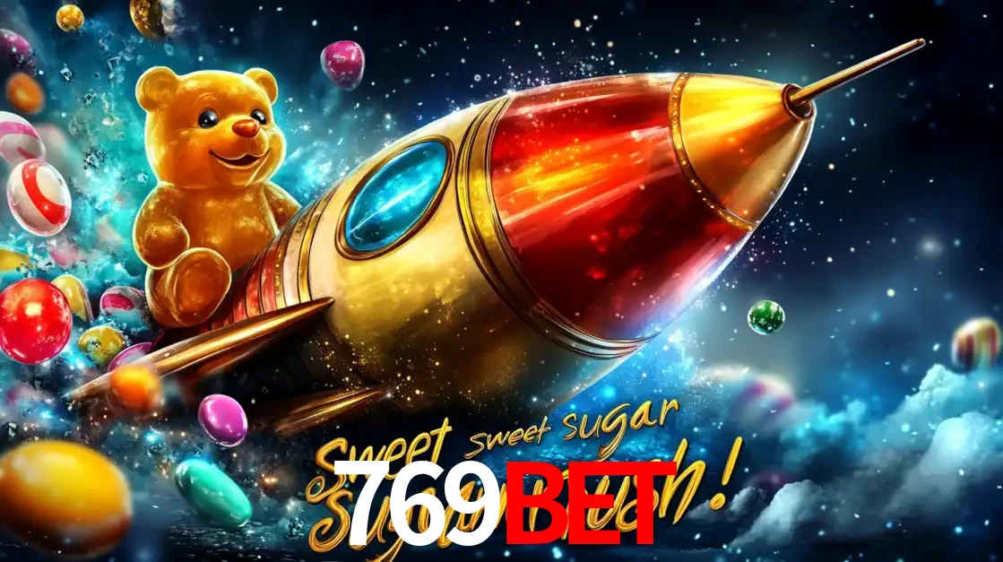 Arte promocional do jogo de slot Sugar Rush, com um urso de pelúcia em um foguete viajando pelo espaço de doces, um dos jogos divertidos disponíveis no cassino 769bet.