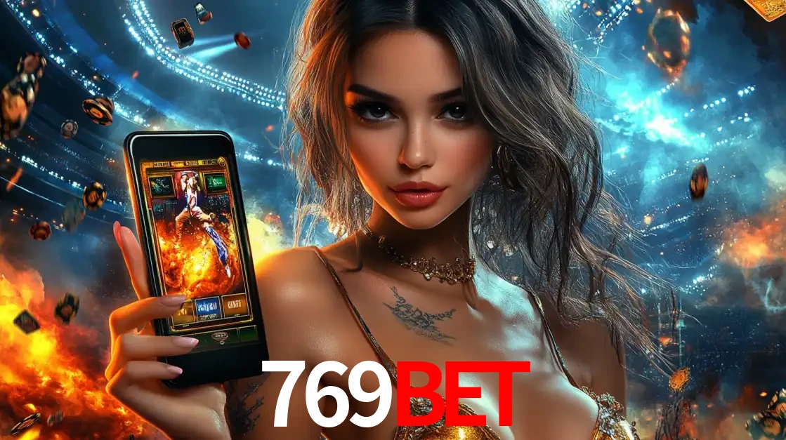 Mulher segurando um celular com um jogo de slot em destaque, tendo como fundo um estádio vibrante, simbolizando a emoção de jogar no cassino móvel 769bet.