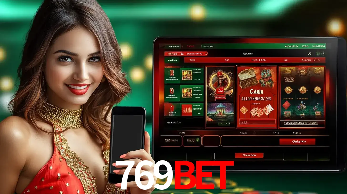 Mulher sorridente segurando um smartphone, ao lado de uma tela exibindo o lobby de jogos do cassino online 769bet, com várias opções de jogos de cartas e slots.